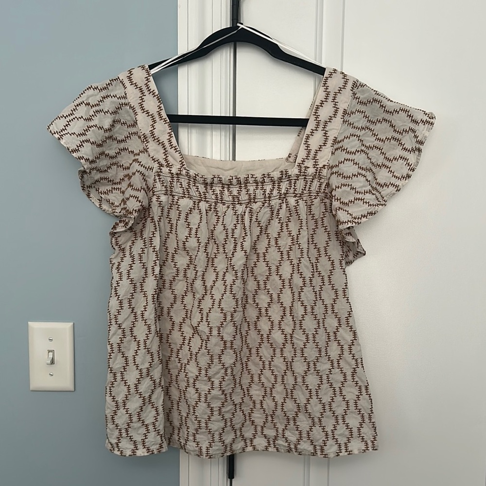 a.n.a Tan and Brown Smocked Ruffled Blouse